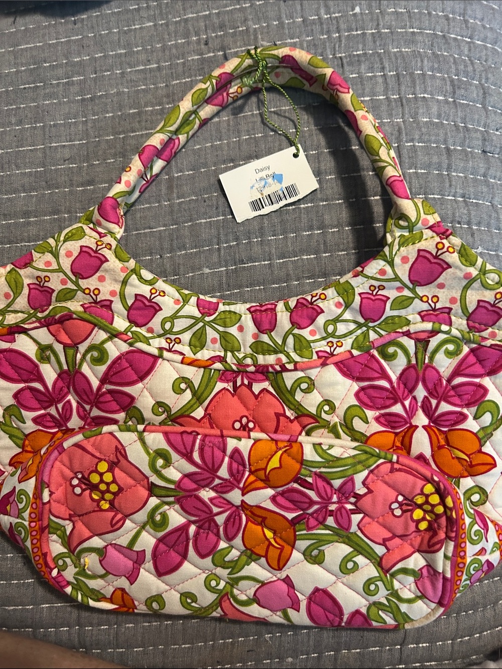 Vera Bradley Pink Floral Quilted Shoulder Bag with Orange & Green Accents. Daisy